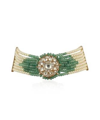 Round Small Pendent With Sea Green And White Moti Line Atteched Necklace With Tops 3