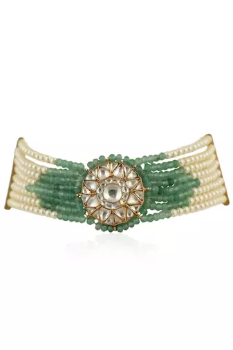 Round Small Pendent With Sea Green And White Moti Line Atteched Necklace With Tops
