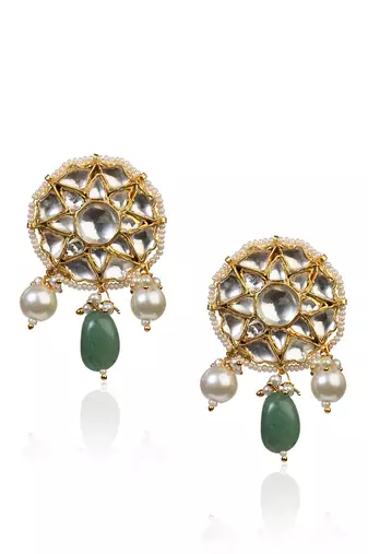 Round Small Pendent With Sea Green And White Moti Line Atteched Necklace With Tops