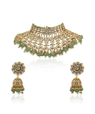 White Stone And Sea Green Beads Bridal Necklace With Jhumki 2