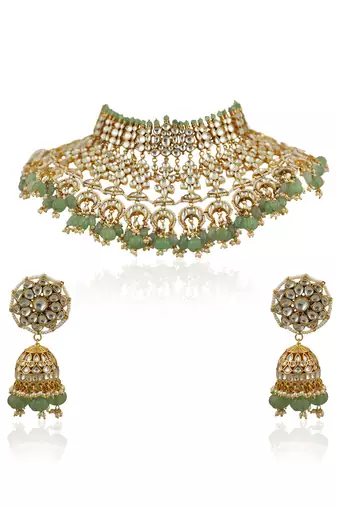 White Stone And Sea Green Beads Bridal Necklace With Jhumki