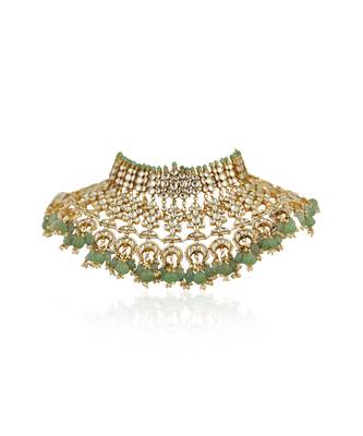 White Stone And Sea Green Beads Bridal Necklace With Jhumki 3