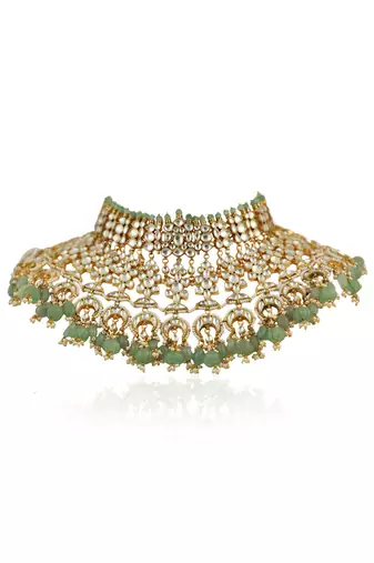 White Stone And Sea Green Beads Bridal Necklace With Jhumki