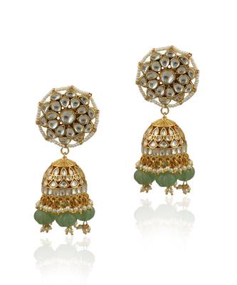 White Stone And Sea Green Beads Bridal Necklace With Jhumki 4