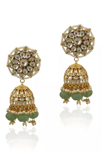 White Stone And Sea Green Beads Bridal Necklace With Jhumki