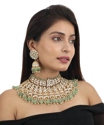 White Stone And Sea Green Beads Bridal Necklace With Jhumki 1