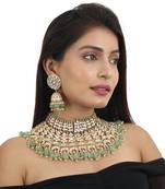 White Stone And Sea Green Beads Bridal Necklace With Jhumki