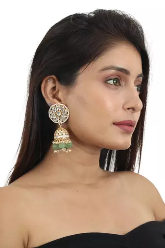 White Stone And Sea Green Beads Bridal Necklace With Jhumki