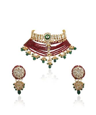 White Choker Set Attached In 8 Line Red Beads With Green Hanging 2