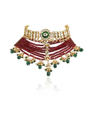 White Choker Set Attached In 8 Line Red Beads With Green Hanging 3