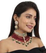 White Choker Set Attached In 8 Line Red Beads With Green Hanging