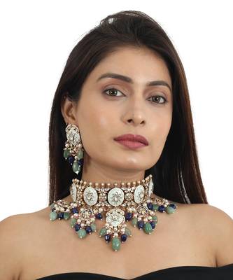 Firozi Meenawork Necklace Set With Blue And Sea Green Beads 1