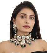 Firozi Meenawork Necklace Set With Blue And Sea Green Beads