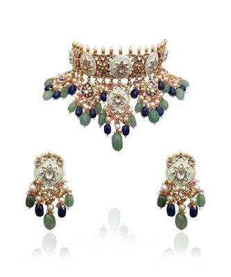 Firozi Meenawork Necklace Set With Blue And Sea Green Beads 3