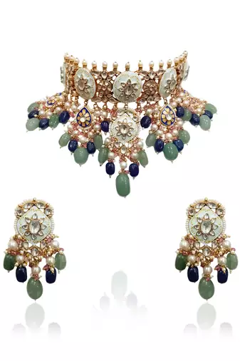 Firozi Meenawork Necklace Set With Blue And Sea Green Beads