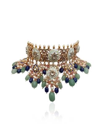 Firozi Meenawork Necklace Set With Blue And Sea Green Beads 4