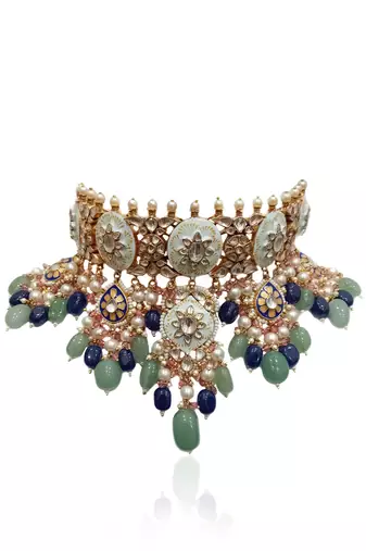 Firozi Meenawork Necklace Set With Blue And Sea Green Beads