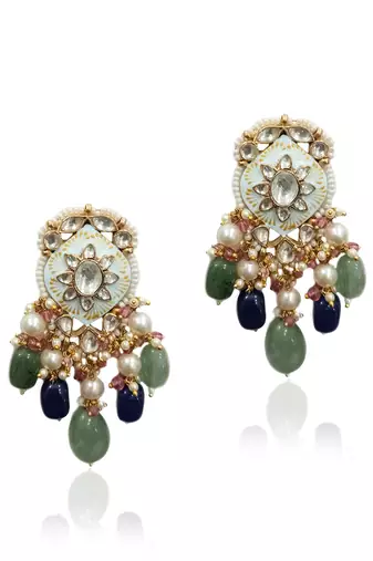Firozi Meenawork Necklace Set With Blue And Sea Green Beads