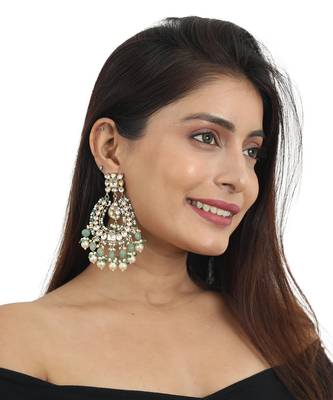 Sea Green Beads And White Pearls Antique Polish Earrings 1