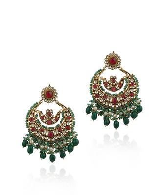 White And Red Stone With Green Beads Chand Baali Style Earrings 2
