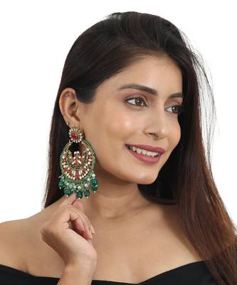 White And Red Stone With Green Beads Chand Baali Style Earrings 1