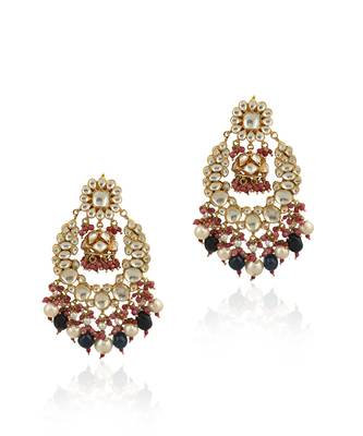 White Stone Earring Beadded Blue Beads And White Pearls With Light Pink Hangings 2