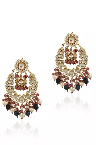 White Stone Earring Beadded Blue Beads And White Pearls With Light Pink Hangings