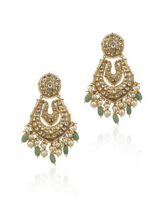 White Jadtar Stone Big Earrings Beadded White Pearls And Sea Green Beads 2
