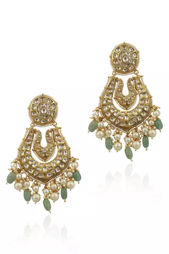 White Jadtar Stone Big Earrings Beadded White Pearls And Sea Green Beads