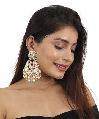 White Jadtar Stone Big Earrings Beadded White Pearls And Sea Green Beads 1