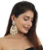 White Jadtar Stone Big Earrings Beadded White Pearls And Sea Green Beads