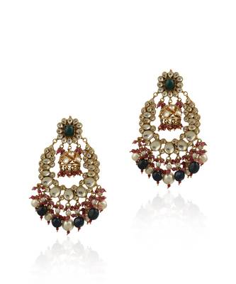 White And Green Stone Earring Beadded Blue Beads And White Pearsl With Light Pink Hangings 2