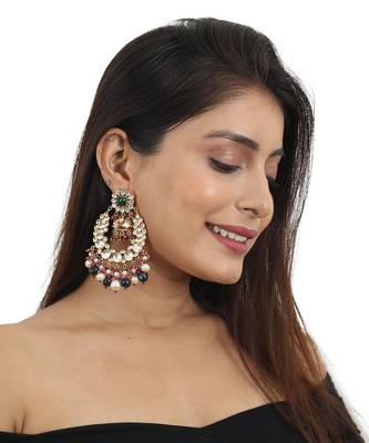 White And Green Stone Earring Beadded Blue Beads And White Pearsl With Light Pink Hangings 1