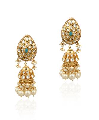White And Firozi Stone Earrings With Pearls 2