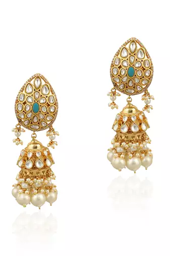 White And Firozi Stone Earrings With Pearls