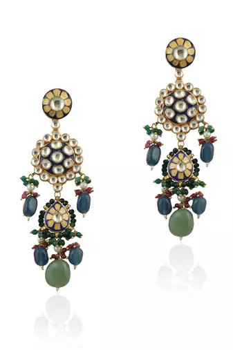 Blue Meena Work Earrings Bedded Blue And Sea Green Beads