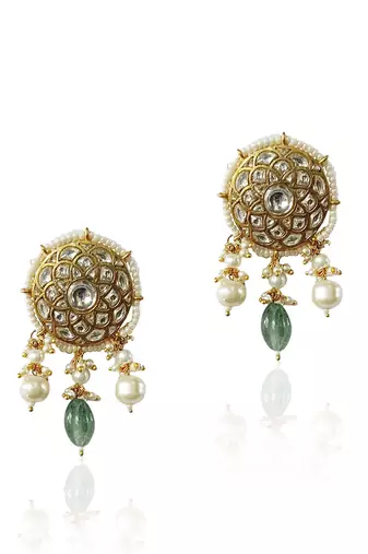 White Round Stude With Pearls And Sea Green Beads