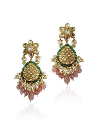 White Jadtar Stone Earrings Green Moti Work Beadded Pastel Pink Beads 2
