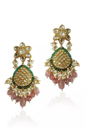 White Jadtar Stone Earrings Green Moti Work Beadded Pastel Pink Beads