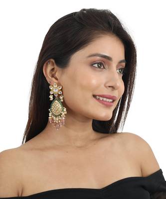 White Jadtar Stone Earrings Green Moti Work Beadded Pastel Pink Beads 1