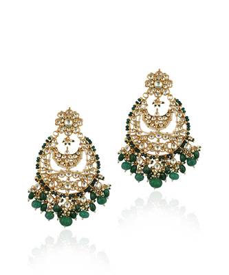 White Big Chand Baali Style Earrings Beadded Green Beads 2