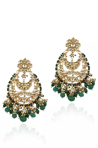 White Big Chand Baali Style Earrings Beadded Green Beads