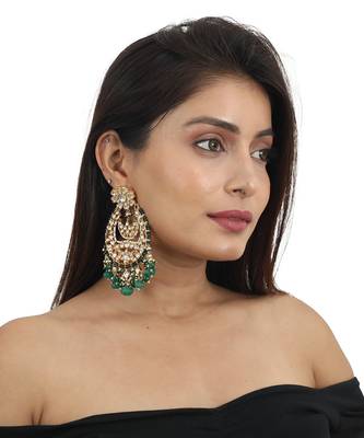 White Big Chand Baali Style Earrings Beadded Green Beads 1