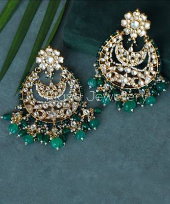 White Big Chand Baali Style Earrings Beadded Green Beads 3