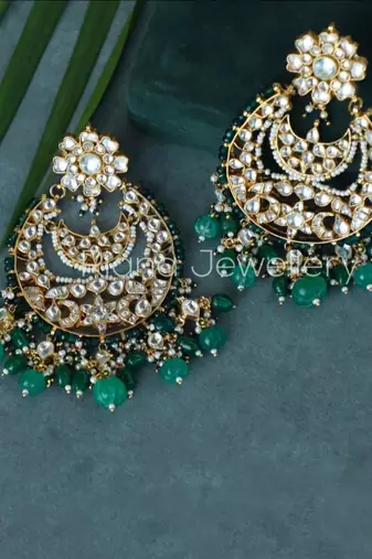 White Big Chand Baali Style Earrings Beadded Green Beads