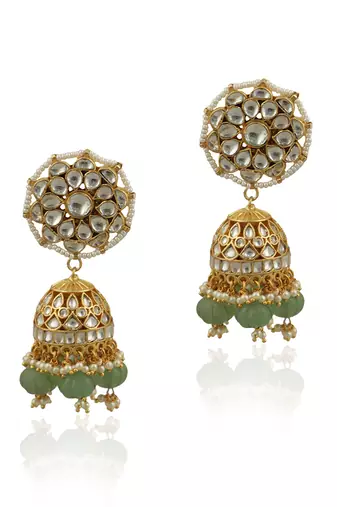 White Jhumki With Sea Green Beads