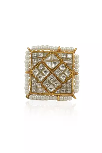 Heritage Wedding Wear Ring In Square With Jadau Stones And Pearls