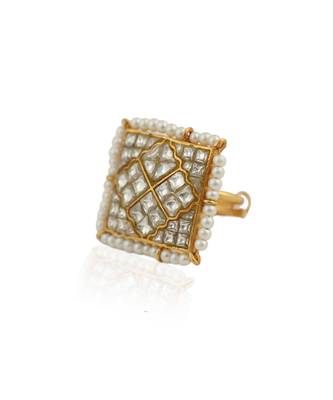 Heritage Wedding Wear Ring In Square With Jadau Stones And Pearls 3