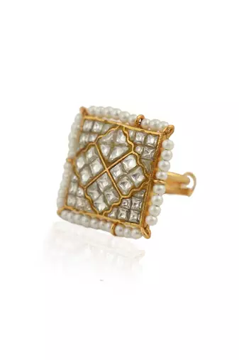 Heritage Wedding Wear Ring In Square With Jadau Stones And Pearls