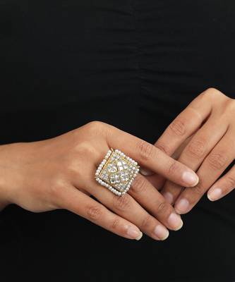 Heritage Wedding Wear Ring In Square With Jadau Stones And Pearls 1
